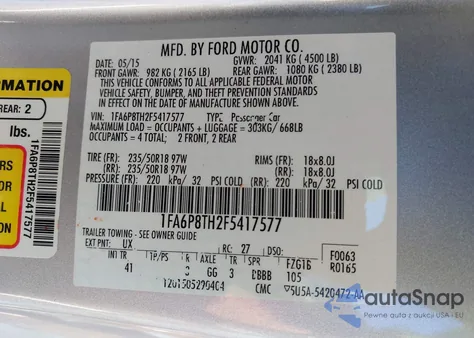 2015 Ford Mustang Ecoboost z USA, uszkodzony, nr VIN 1FA6P8TH2F5417577